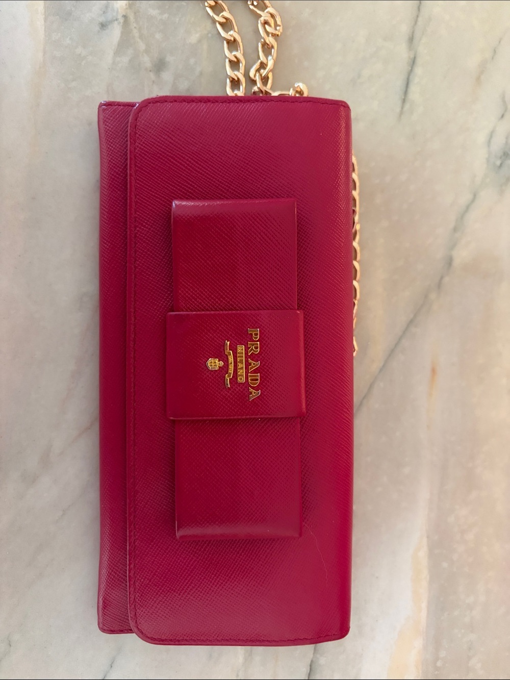 Prada Saffiano Leather Bow Chain Clutch - Fuchsia